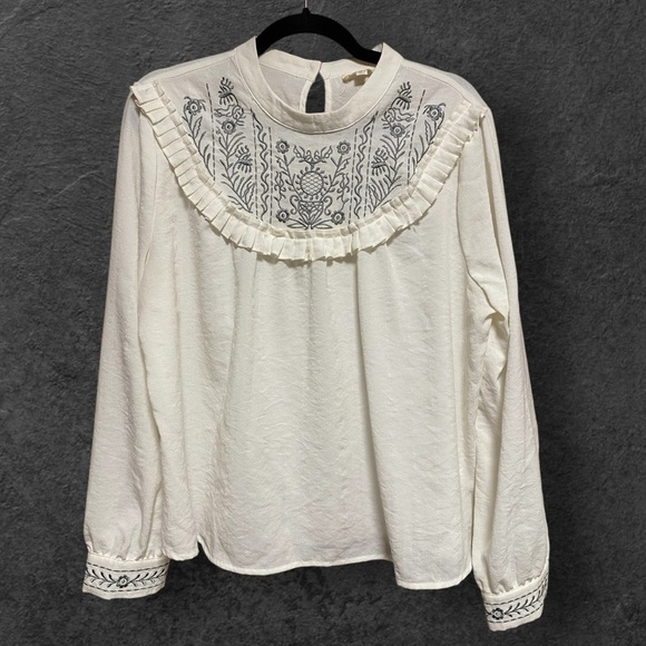 Hidden Alley Tops - Ivory Embroidered Blouse with Ruffle Detail